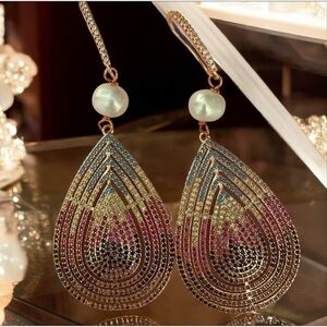 Bright copper finish teardrop earrings w/ pavé  multicolour CZ and pearl bead.